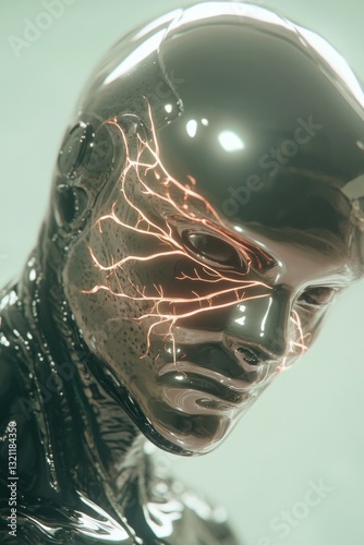 Futuristic humanoid figure with glowing circuitry, blending tech