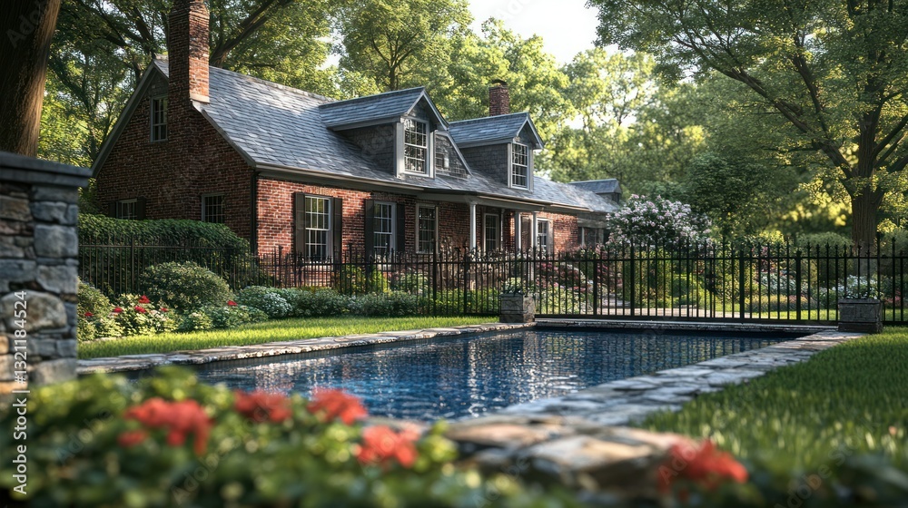 Brick house, pool, garden, sunny day, woodland setting Brick house, pool, garden, sunny day, woodland setting