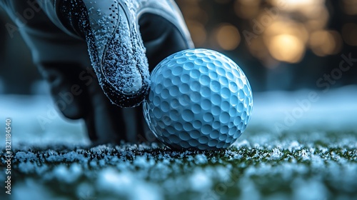 Close-up of a golf ball on frosty grass with a gloved hand.