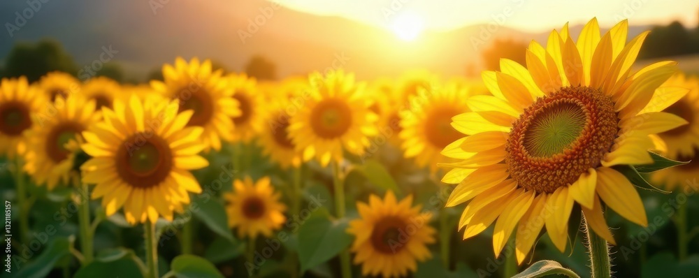 Obraz premium Golden hour sun rays illuminate vibrant sunflowers in a summer field , stem, background