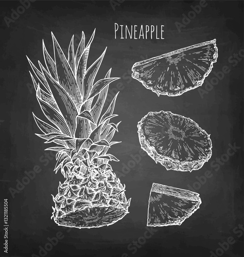 Halved pineapple and pieces chalk sketch