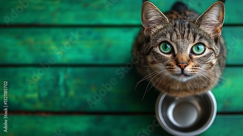Curious domestic cat with striking green eyes awaiting meal.