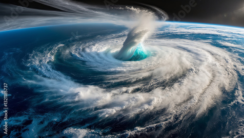 Aerial view of a large hurricane churning over the ocean, a powerful display of nature's force.