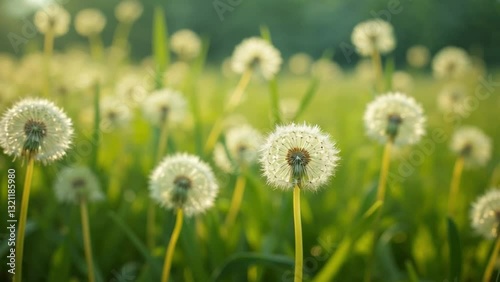 Close-up of fluffy dandelions in a green field, dreamy atmosphere, soft sunlight illuminating wildflowers
