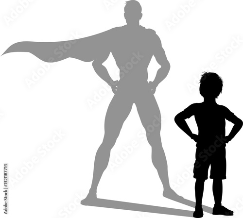 A superhero child or kid boy revealed by his shadow silhouette as a super hero in a cape.