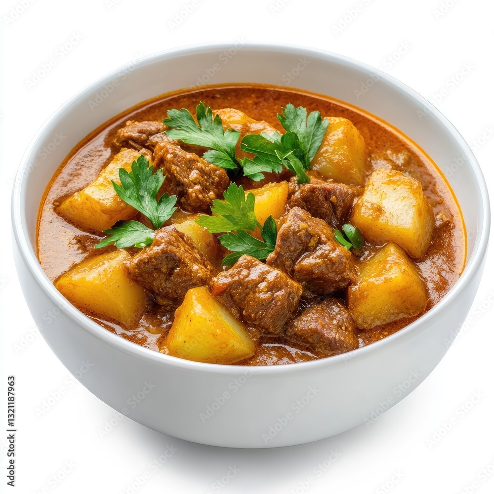 Delicious Bowl of Beef Curry with Potatoes and Fresh Garnish Delicious Bowl of Beef Curry with Potatoes and Fresh Garnish