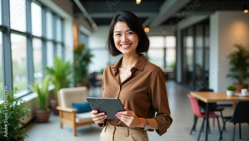 Portrait of young Hispanic professional business woman standing in office. Happy female company executive, smiling businesswoman entrepreneur corporate leader manager looking at camera using tablet.