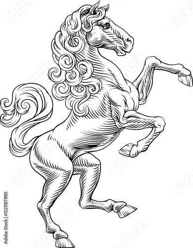 A heraldry coat of arms crest style rearing heraldic horse standing on hind legs in a vintage style