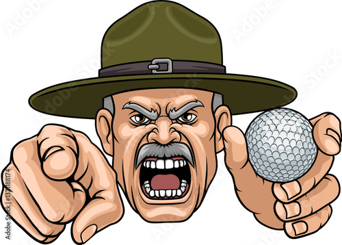 An angry drill instructor or sergeant bootcamp army soldier cartoon character holding golf ball and pointing sports team mascot illustration.