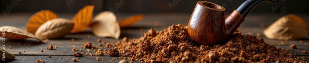 Tobacco leaves arranged in a decorative pattern on a wooden smoking pipe, sophisticated, refined, wood Tobacco leaves arranged in a decorative pattern on a wooden smoking pipe, sophisticated, refined, wood