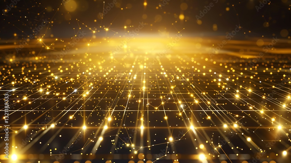 Obraz premium Golden Glittering Stars and Sparkles in a Dreamlike Background of Light and Depth in a Beautiful Perspective