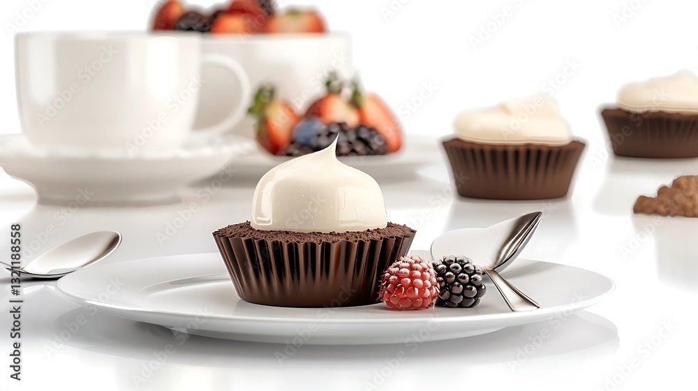 Delicious chocolate dessert with whipped cream on a white plate surrounded by fresh berries and coffee cups Delicious chocolate dessert with whipped cream on a white plate surrounded by fresh berries and coffee cups