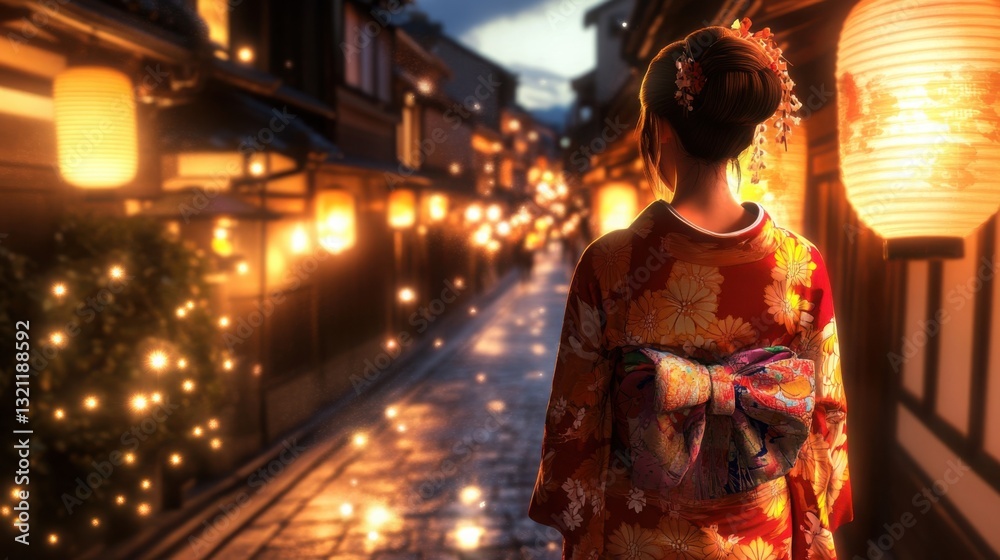 Obraz premium Enchanting Evening Stroll in Historic Lantern-Lit Japanese District
