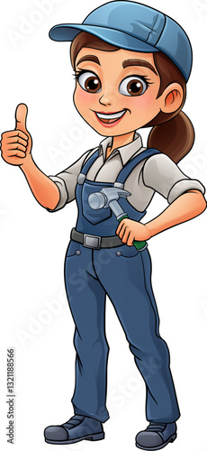 A woman female carpenter holding a hammer tool builder construction cartoon character mascot.