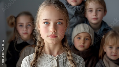 Group of Young Children with Different Expressions and Styles in Soft Lighting Against a Neutral Background