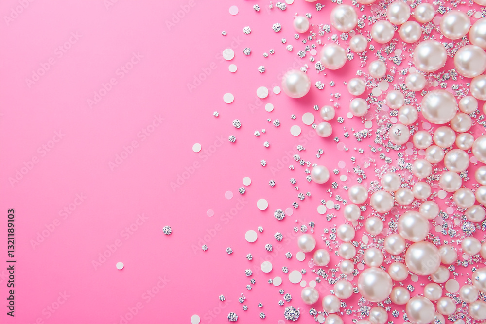 Elegant pink background with white pearls and silver glitter festive design shiny party style image Elegant pink background with white pearls and silver glitter festive design shiny party style image