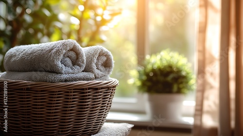 Sunlit wicker basket with rolled towels by a window.