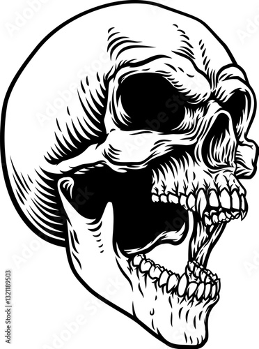 A scary skull skeleton head vampire grim reaper Halloween illustration in a vintage woodcut etching style