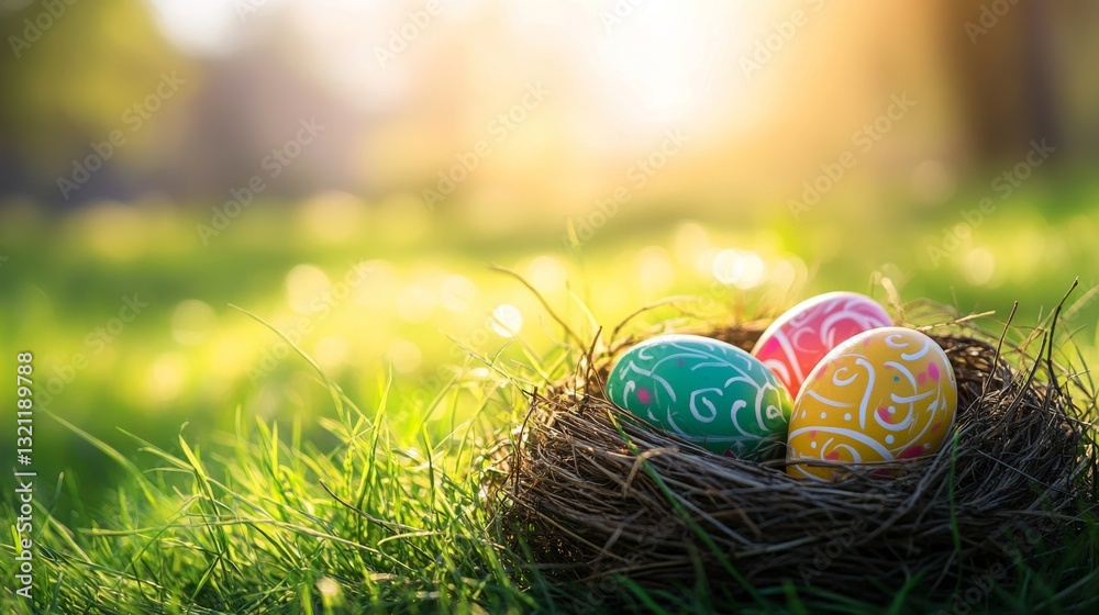 Three colorful painted easter eggs in a bird’s nest on a lush green grass meadow with bright sunlight and blurred foreground, celebrating happy easter in a vibrant spring setting with copy space.
Three colorful painted easter eggs in a bird’s nest on a lush green grass meadow with bright sunlight and blurred foreground, celebrating happy easter in a vibrant spring setting with copy space.