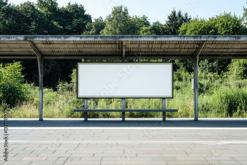 Empty billboard at a train station.  A blank, rectangular advertisement board is positioned under a metal awning at a bus stop.  A park-like area surrounds the platform