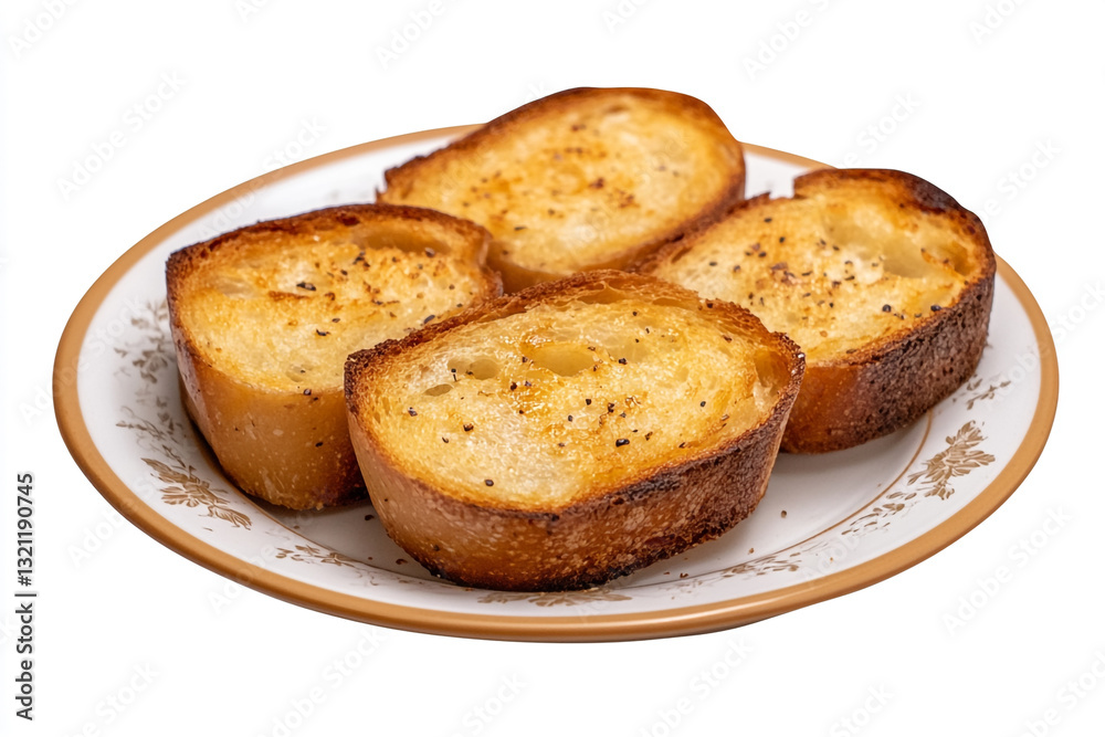 Delicious crispy garlic bread slices on plate appetizer food eat meal snack brown tasty white dinner Delicious crispy garlic bread slices on plate appetizer food eat meal snack brown tasty white dinner