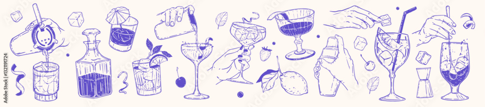 Cocktail doodle icon set, vector hand drawn bartender hand illustration, drink making tools, shaker. Summer holiday party alcohol beverage glasses, ice cube menu design print. Cocktail doodle graphic