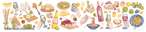 Italian food collection, dinner eatery vector watercolor illustration set, tasty pizza, pasta cheese. Woman hand holding wine glass, appetizer menu sticker design element. Italian food date lunch
