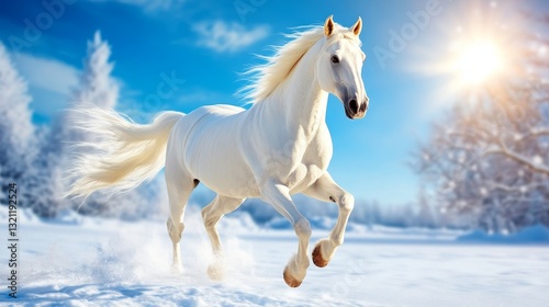 Majestic White Horse Running in Winter - A beautiful white horse gallops across a snow-covered field under a bright winter sun. Pure elegance and freedom