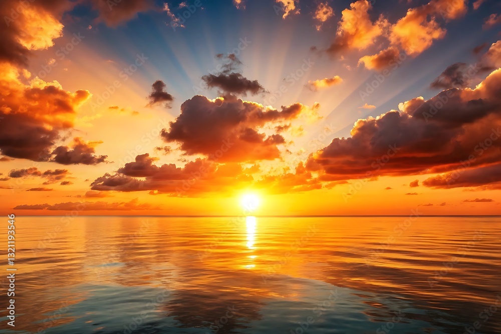 Fototapeta premium Vibrant ocean sunset with golden sky, reflecting waves, scenic seascape, nature background, summer evening tranquility, serene view.