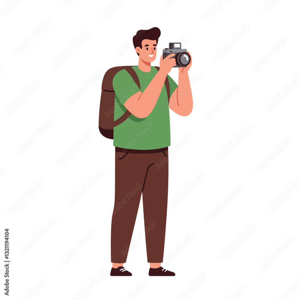 Person holding a camera with backpack in flat vector art style Person holding a camera with backpack in flat vector art style