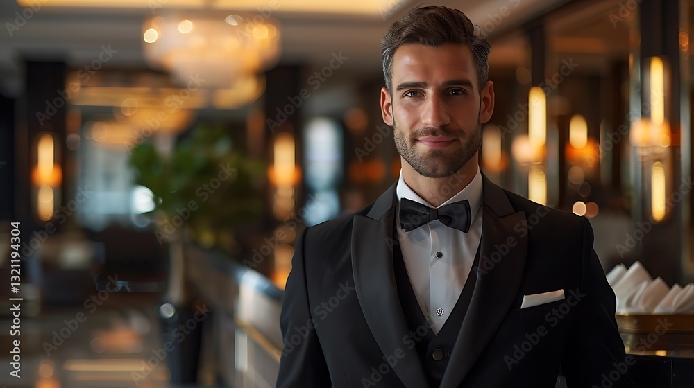 Fototapeta premium Elegant Young Man in Formal Attire Posing Confidently in a Luxurious Hotel Interior with Soft Lighting