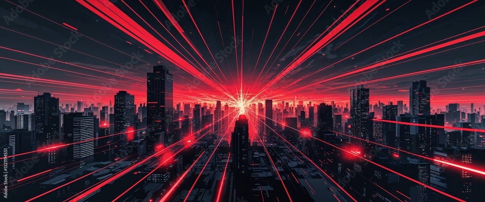 Obraz premium dark urban city background with red streaks light rays motion and energy concept digital abstract artwork