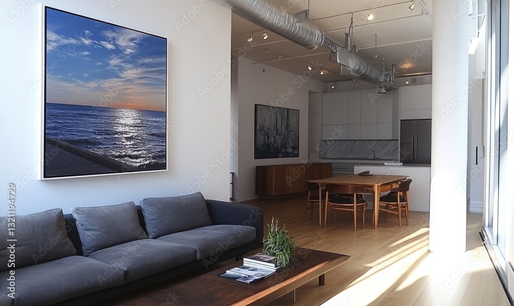 Naklejka premium Modern loft apartment with sunset artwork, open kitchen, and hardwood floors
