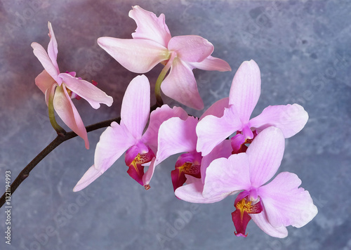 Blooming Phalaenopsis peloric orchid in pink color on a gray background, selective focus, horizontal orientation.