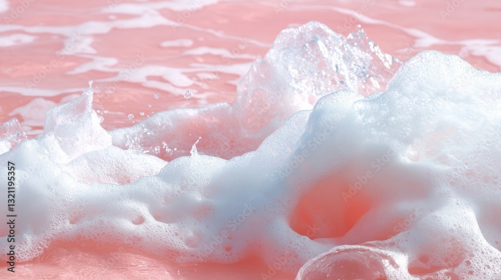Fototapeta premium Pink Ocean Waves Foam Texture - Serene pink ocean waves, soft foam, tranquil beach, summer vibes, dreamy seascape