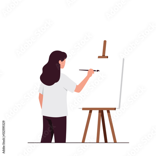Artist creating a masterpiece at an easel in flat vector art style