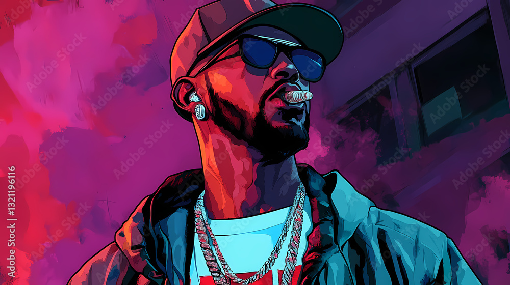 Fototapeta premium Urban street art portrait of a confident man in sunglasses, surrounded by vibrant graffiti colors