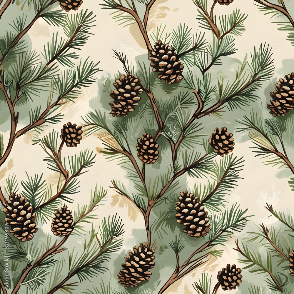 Fototapeta premium Seamless pattern with pine branches and cones. Hand drawn vector illustration Generative AI