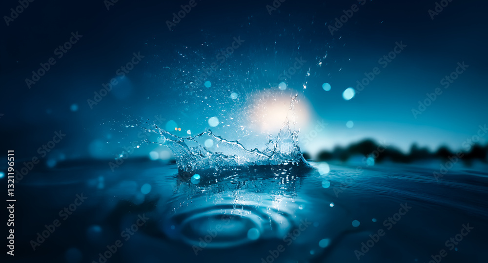 Obraz premium Water drop impact creates splash and ripples on dark blue surface. A captivating moment captured in motion with bokeh lights in background.