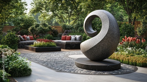 Abstract Stone Sculpture in Lush Garden Patio
