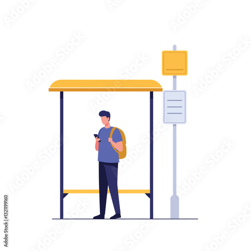 Person waiting at a bus stop in flat design vector art