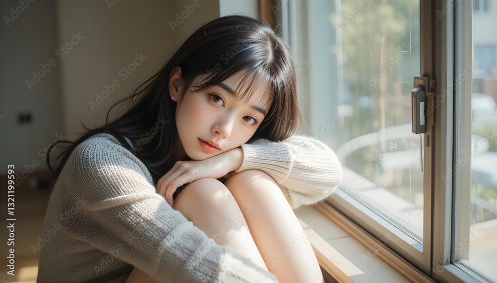 Reflective Beauty: A young woman gazes pensively, embracing introspection near window's edge Reflective Beauty: A young woman gazes pensively, embracing introspection near window's edge