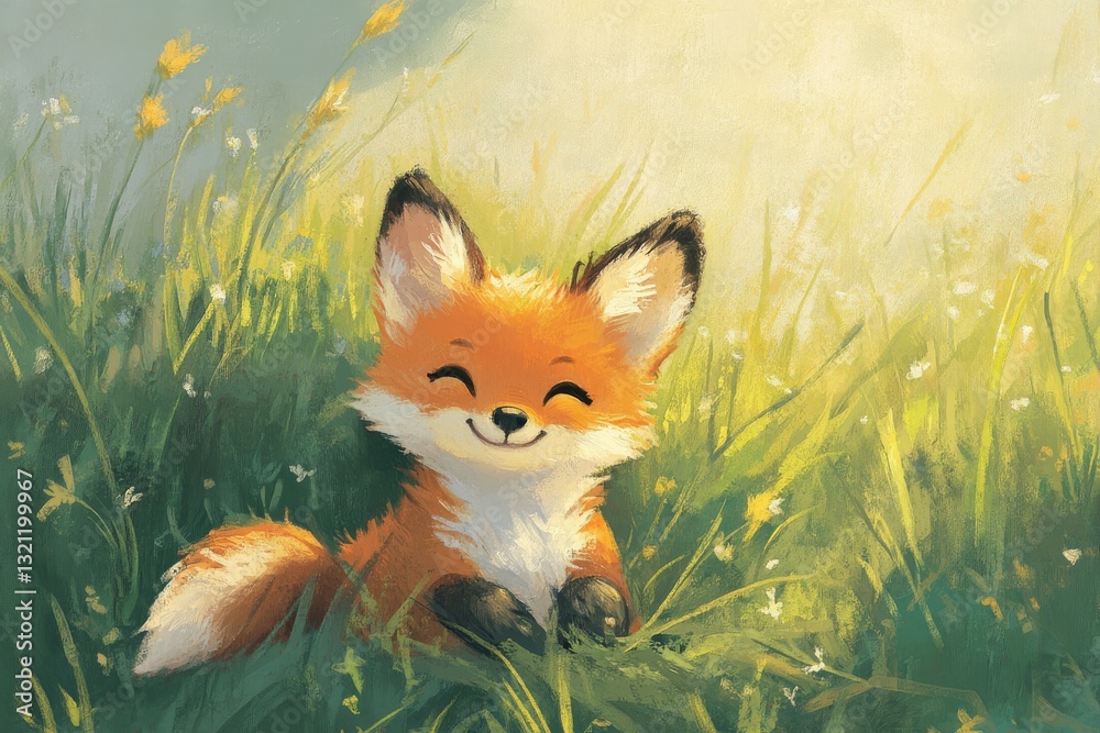 Obraz premium playful cartoon fox cub having fun in the sunny forest, Generative AI.