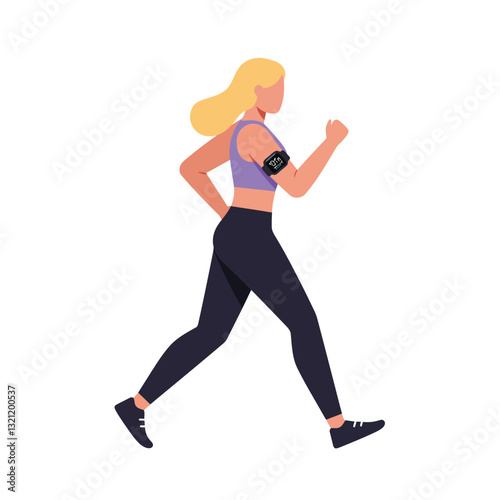 Active woman running in sportswear with fitness tracker in flat vector illustration