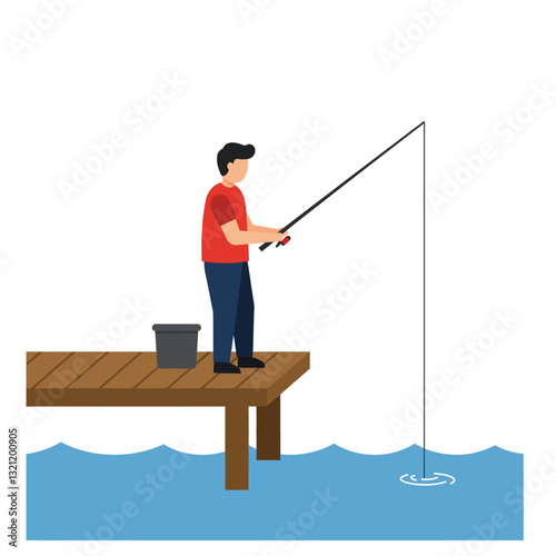 Person fishing from a wooden pier in a flat design vector illustration