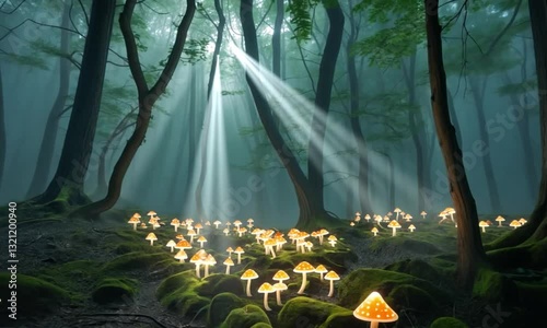 Enchanted forest glade with glowing mushrooms and ethereal sunlight illuminating scene
