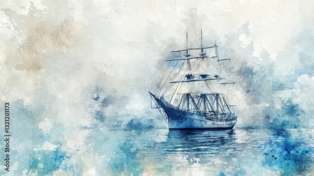 Fototapeta premium A Solitary Sailing Ship in a Misty Ocean Watercolor Painting