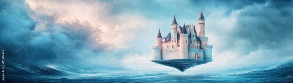 Otherworldly castle levitating above a stormy ocean, epic fantasy surrealism Otherworldly castle levitating above a stormy ocean, epic fantasy surrealism