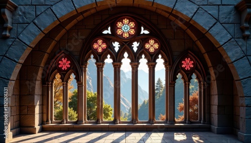 Intricate stone tracery  arched frame  stained glass hints   heritage  stone  light