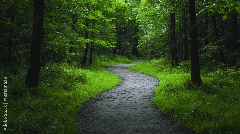 Fototapeta premium Winding Path Through Lush Green Forest - Serene winding path through a vibrant green forest, perfect for nature lovers and peaceful imagery